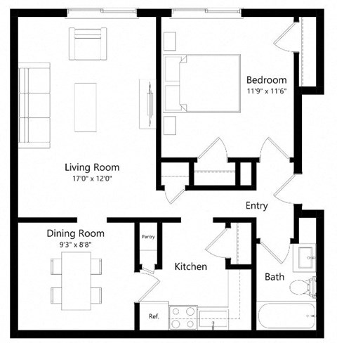 Floor plan for 1 bed, 1 bath, 662 sqft